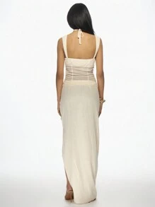 MISSGUIDED Linen Beach Maxi Skirt With Side Tie Detail Bohemian Summer Resort Long Split Cut Out Design Vacation Evening Wear - Apricot - View 2