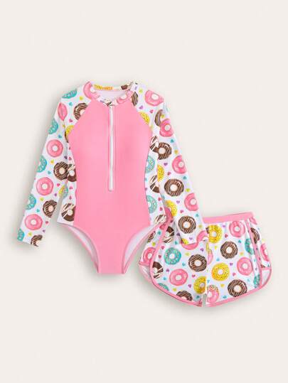 SHEIN Conjunto de traje de baño con estampado de rosquillas y efecto de color block para niñas preadolescentes de moda