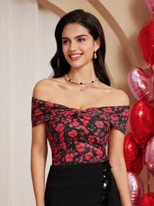 Chiquease Áo thun nữ hở vai họa tiết hoa nhỏ thanh lịch thắt nút xoắn - Nhiều màu - Xem 6