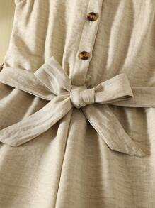 SHEIN 年轻女孩休闲和度假基本款百搭领口按扣前腰带柔软褶皱牛仔效果连体裤，适合秋季、野餐、郊游、姐妹搭配、日常穿着 - 卡其色 - 查看 5