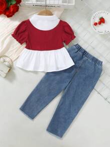 SHEIN Genkimix Kids 2pcs/Set Young Girl Casual School Look White Blouse With Cherry Embroidery Flare Sleeves & Blue Straight Leg Jeans Pants, Spring/Summer New Arrival Summer Holiday - Red - View 2