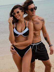 Manfinity Swimmode Hombres Shorts de natación de cintura con cordón - Negro - Ver 3