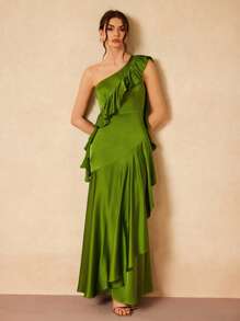 Gabriela Silveira Designer Solid Green Satin Ruffles Asymmetrical Neck Neckline Flared Hem Maxi Dress, Festival, Concert Outfit, Rave, Prom Dress - Green - View 3