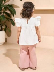Baby Girls 2 Pieces Set:Cute White Chiffon Blouse,Ruffle Cap Sleeves Embroidered Floral Design&Pink Straight-Leg Pants,Summer Vacation Holiday Outfit - Multicolor - View 2