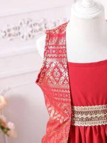 2 件套年轻女孩无袖简约夹克和连衣裙休闲装套装 - 酒紅色 - 查看 7