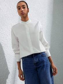 SHEIN Privé Chemise lin manche longue col montant avec volant effet patchwork floral 3D style villégiature