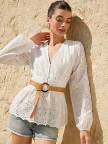 Aveloria Rosie 优雅法式浪漫刺绣V领长袖拱形下摆收腰长衬衫 - 白色 - 查看 6