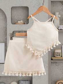 SHEIN Elladie kids 2PCS Young Girl Asymmetrical Hem Sling Top & Tasseled Hem Skirt Suit - Apricot - View 3