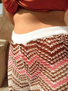 SHEIN Swim Curve 大码女式 V 形镂空针织罩衫裤，适合夏季度假 - 棕色 - 查看 4