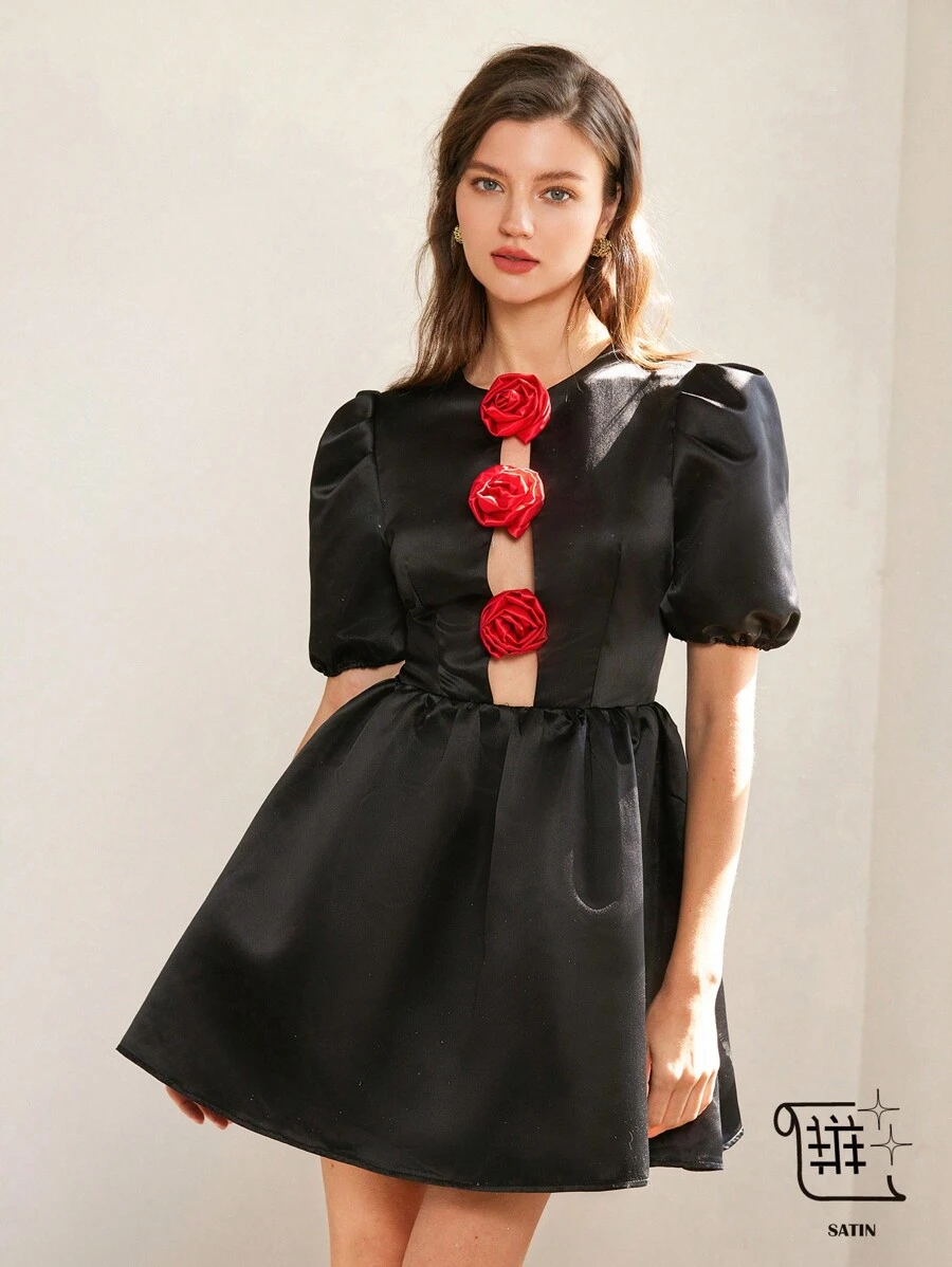 Femmeiva Italian Style 2-Tone 3D Red Rose Accent Open Shoulder Bodycon Mini Dress With Puff Sleeves,Black Floral,Summer,Elegant,Party Princess Dress - Black - View 1