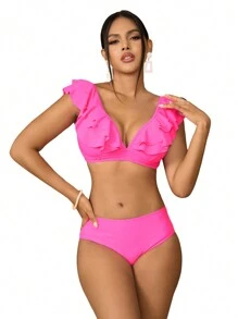 SHEIN Swim Summer Beach Ruffle Trim High Waisted Bikini Set - Pink - View 1