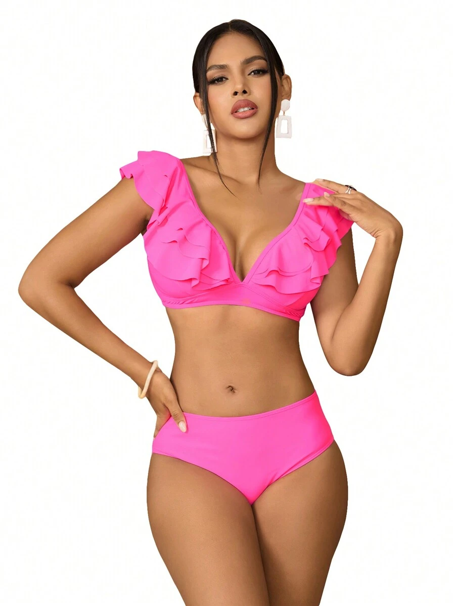 SHEIN Swim Summer Beach Ruffle Trim High Waisted Bikini Set - Pink - View 1