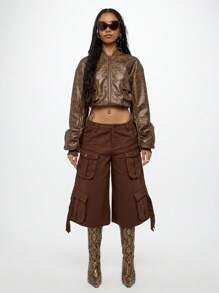 SUMWON WOMEN 优质做旧皮革飞行员夹克，配有实用口袋、经典罗纹饰边和全拉链街头风格外套，适合秋冬时尚 - 棕色 - 查看 3