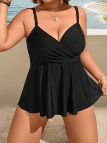 Swim Lushoire Plus Size Women 2pcs Solid Color Ruched Tankini Set, Elegant Summer Beach Vacation Swimwear