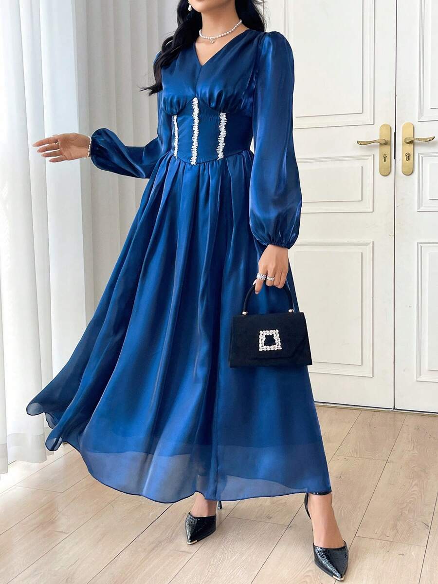 Modelyn Women's Long V-Neck Organza Elegant & Romantic Balloon Sleeve A-Line Dress - Blue - View 1