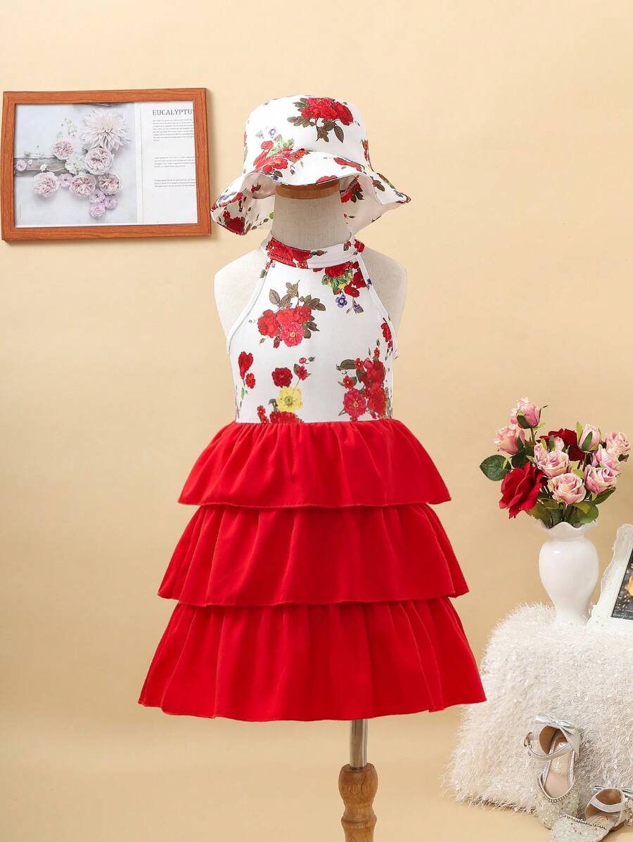 SHEIN 年轻女孩拼色花卉印花挂脖连衣裙 - 紅色 - 查看 1