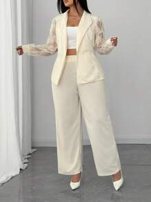 SHEIN Unity Plus Size Fashion Business Mesh Splice Jacket And Pants Suit Graduation,Back To School,Teacher Outfits For Women - Apricot - View 5