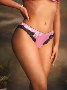 Women's Retro Palace Satin Lace Patchwork Triangle Panties - Pink - View 4