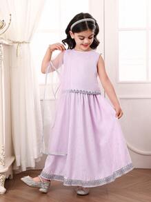SHEIN Young Girls Sets: Sleeveless Purple Crop Top With Silver Print, Loose Long Dress With Silver Vertical Stripe, Purple Mesh Shawl. Suitable For Ramadan, Family Gathering, Outing,