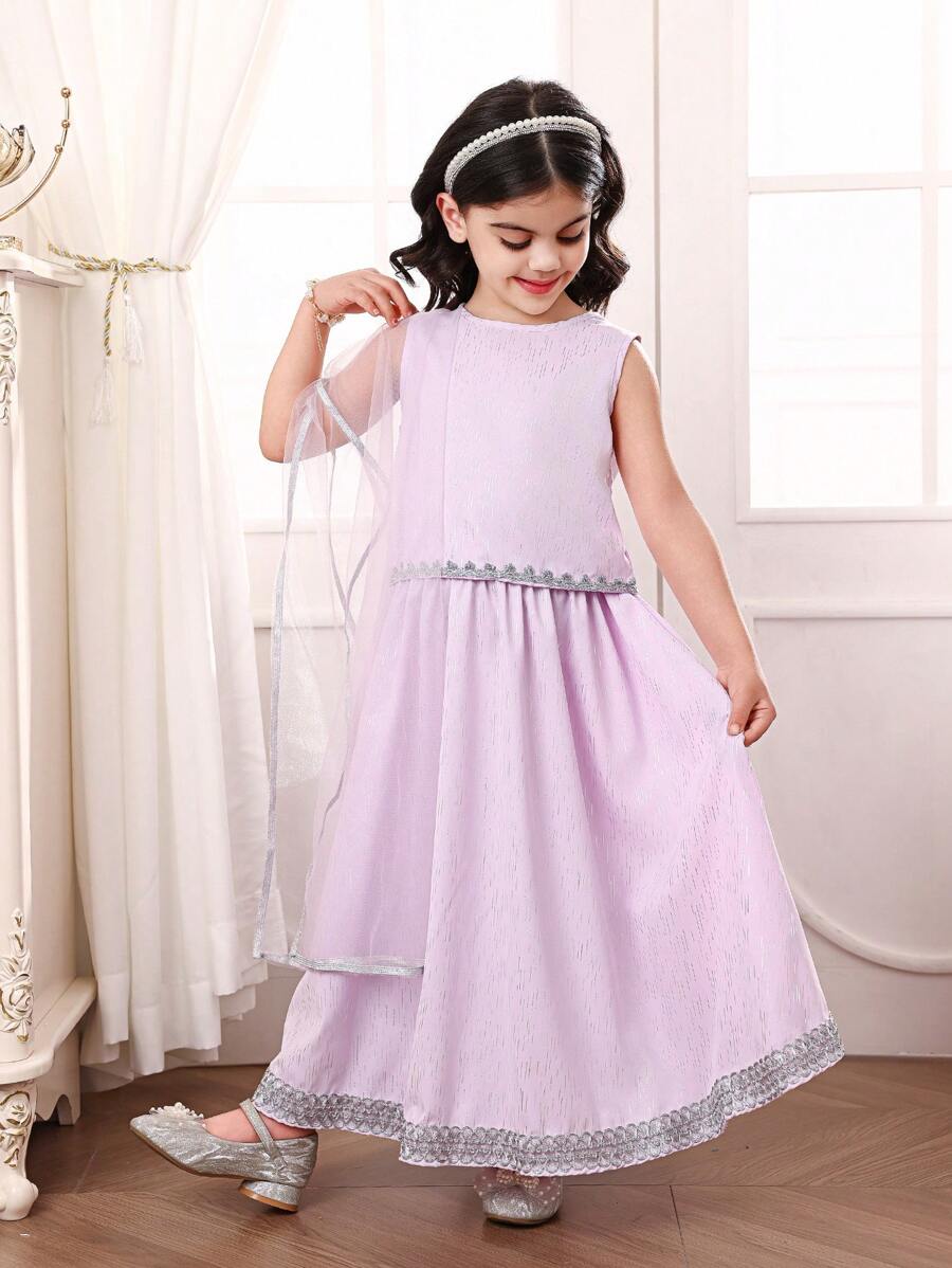 SHEIN Young Girls Sets: Sleeveless Purple Crop Top With Silver Print, Loose Long Dress With Silver Vertical Stripe, Purple Mesh Shawl. Suitable For Ramadan, Family Gathering, Outing,