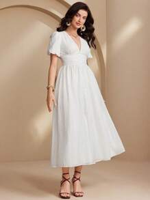 Chiquease 女士优雅法式 V 领白色连衣裙 - 白色 - 查看 6