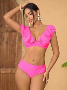 SHEIN Swim Summer Beach Ruffle Trim High Waisted Bikini Set - Pink - View 3