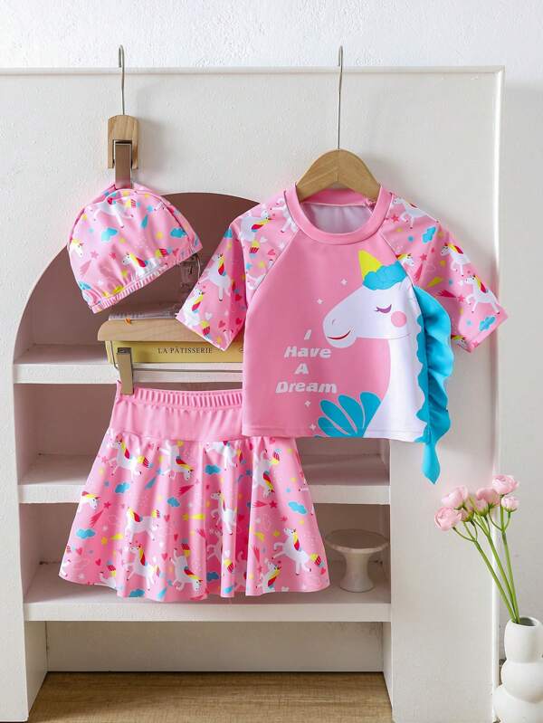 Young Girl' Printed Swimwear Two-Piece Set Adorable Pink Unicorn Dream Girls Bikini Set With Ruffle Sleeves And Matching Swim Cap Cute Pink Unicorn Print Three-Piece Swimsuit For Young Girls: Set Includes Swim Top Skirt And Matching Cap