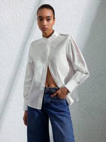 SHEIN Privé Chemise lin manche longue col montant avec volant effet patchwork floral 3D style villégiature