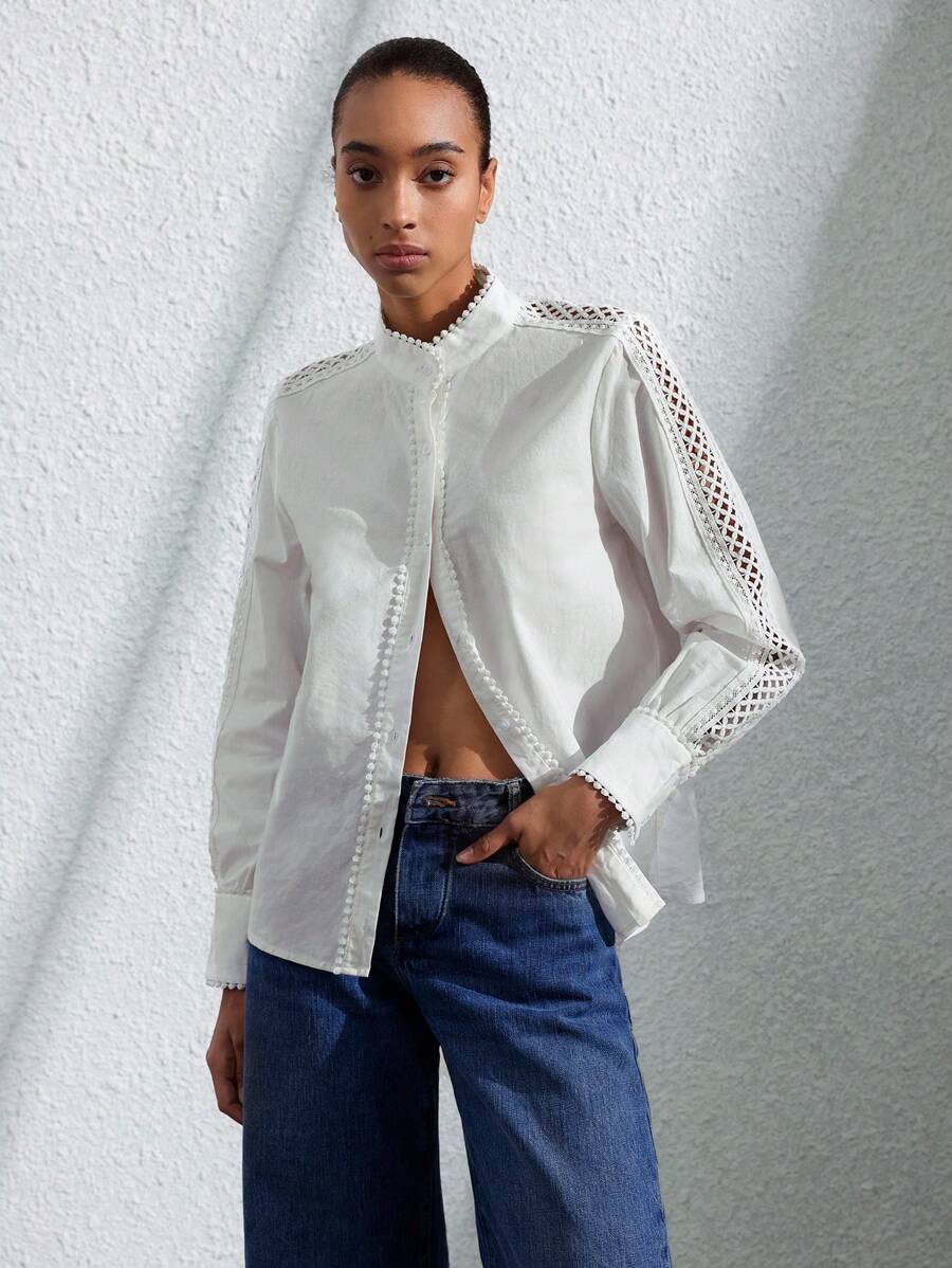 SHEIN Privé Chemise lin manche longue col montant avec volant effet patchwork floral 3D style villégiature