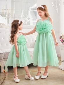 SHEIN Tween 女童优雅叠层荷叶边撞色边无袖连衣裙 - 綠色 - 查看 4