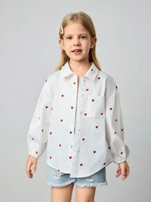 Maija Kids Maija Kids 年轻女孩宽松休闲心形印花长袖翻领衬衫