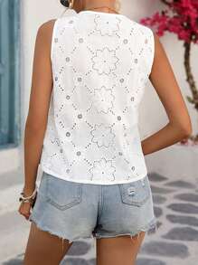 SHEIN Clasi Women's Hollow Texture Jacquard Linen Look Sleeveless Blouse, Elegant For Spring/Summer Vacation - White - View 2