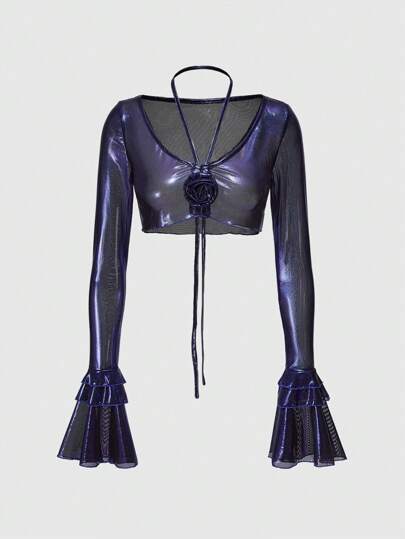 Grunge Punk Sexy Shiny Coated See-Through Low-Cut Super Short Sleeve Cooling Vacation Dress For Women. Features Rose Tie-Up Neck, Bowknot, Flare Sleeves In Blue, Purple, Multicolor