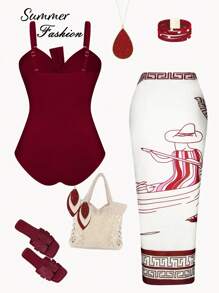 Swim Oasis مجموعة قطعتين مقاسات كبيرة للنساء: بدلة سباحة قطعة واحدة بلون قطعة والتنورة المطبوعة بالزهور فوقها، مناسبة للاستخدام الكاجوال في العطلات الصيفية والأعياد على الشاطئ - عنابي اللون - مشاهدة 2