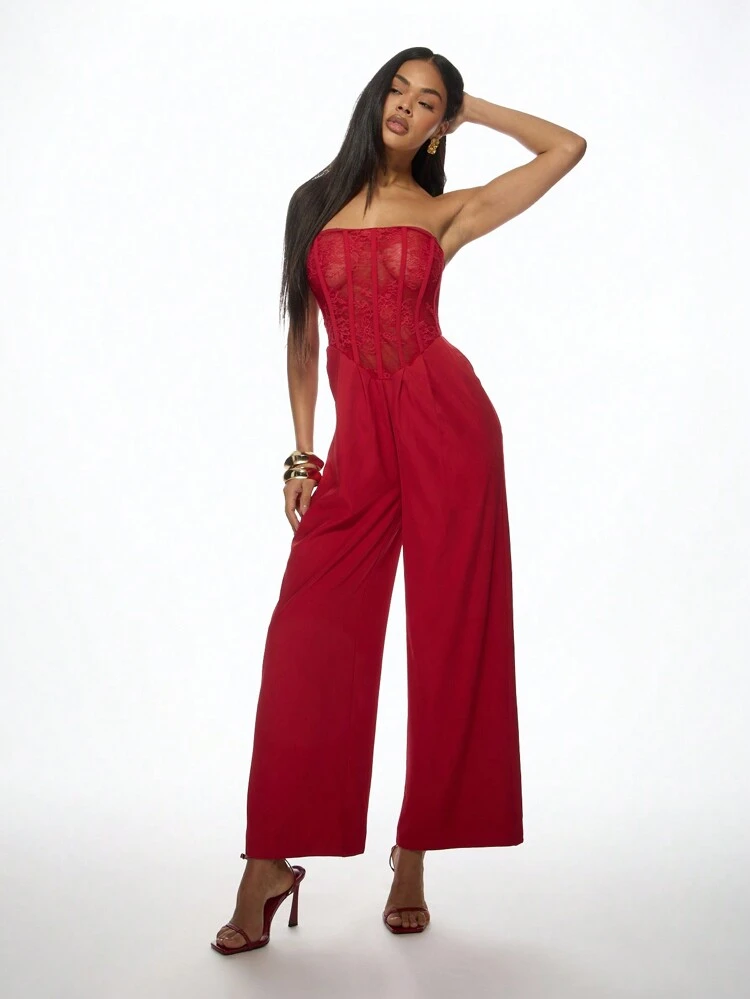 MISSGUIDED Combinaison élégante à corset en dentelle sans bretelle, à jambes larges, pour soirée, mariage, invité, tenue de cérémonie, palazzo, occasion spéciale, vacances, Nouvel An, pièce