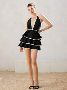 Aveloria Rosie Vintage Vacation Sexy Backless Deep-V Shoulder Cut Out Waist Cake Hem Color Block Women Sleeveless Short Mini Dress Elegant Fashionable Style For Summer