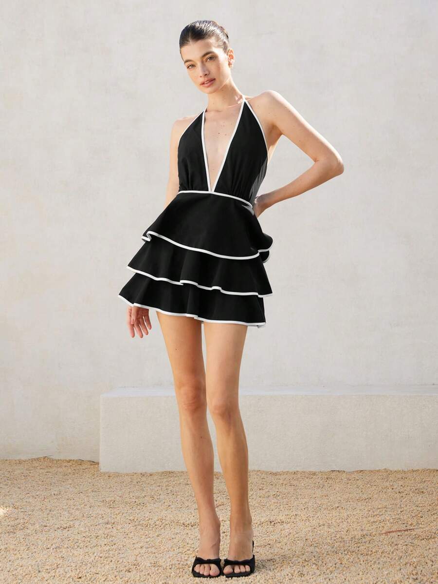 Aveloria Rosie Vintage Vacation Sexy Backless Deep-V Shoulder Cut Out Waist Cake Hem Color Block Women Sleeveless Short Mini Dress Elegant Fashionable Style For Summer