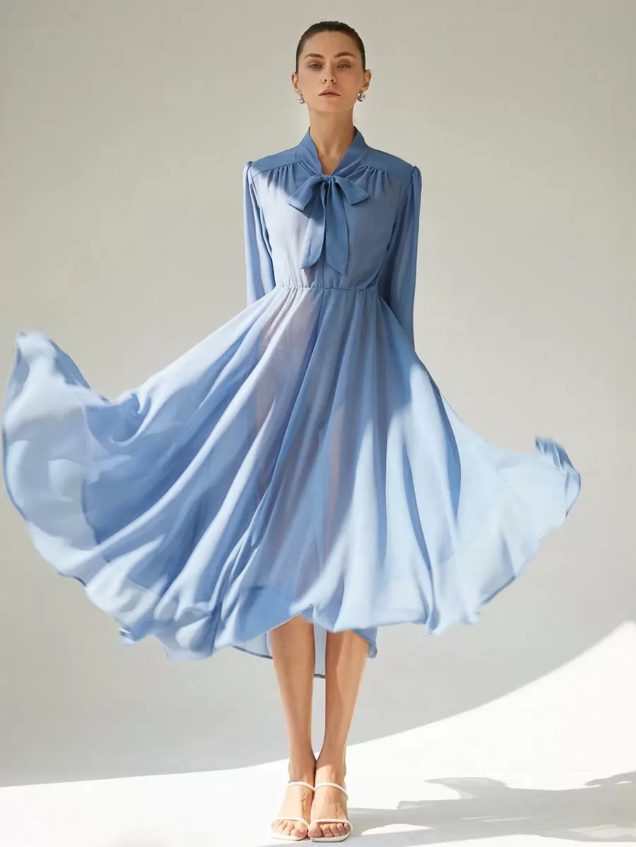 GENKIRA Blusa francesa romântica com gola alta, gola amarrada, chiffon transparente, cintura apertada, manga comprida, bainha assimétrica para mulheres - Azul - Ver 1