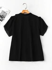 SHEIN LUNE 大码休闲纯色荷叶边下摆衬衫 - 黑色 - 查看 2