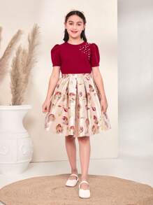 SHEIN 女童缎面串珠肩衬衫搭配提花玫瑰图案手工褶皱长裙套装