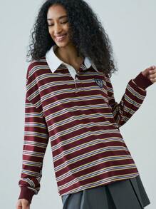 Easelle Easelle Striped Polo Collar Long-Sleeved Top T-Shirt Spring And Summer 2025 Retro Casual Daily Versatile