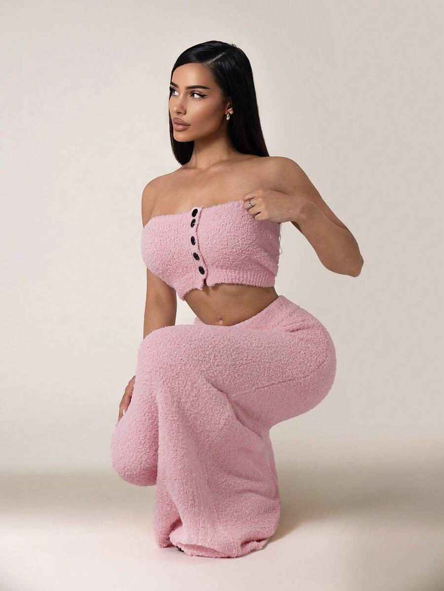 Zolique 女士新款蓬松粉色毛衣裙，休闲简约A字裙，秋季 - 粉色 - 查看 1