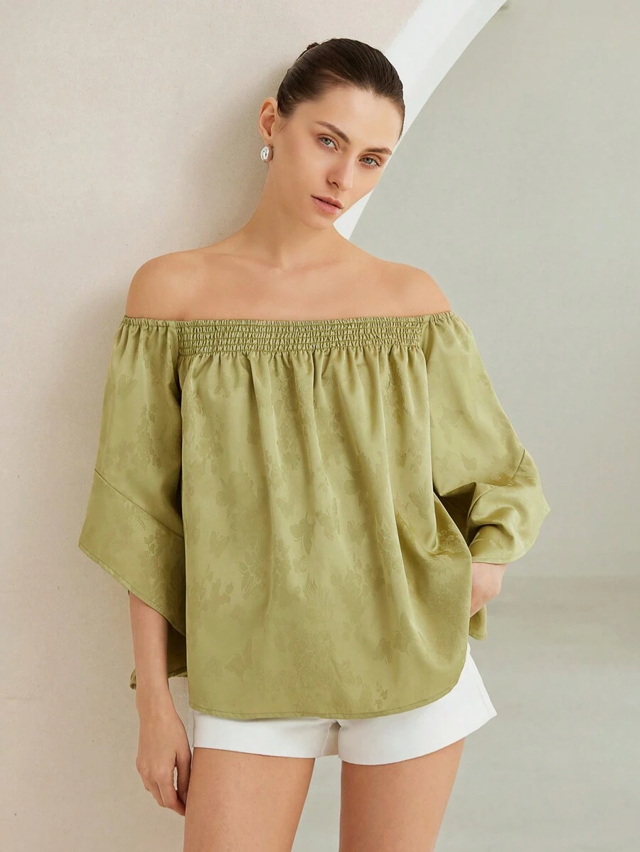 SHEIN Privé 复古中国风花卉提花露肩宽松上衣,带荷叶边袖口,适合中国新年 - 綠色 - 查看 1