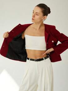 Aveloria Modichic Elegant French Tweed Round Neck Metal Button Front Pocket Peplum Women Short Sleeve Jacket