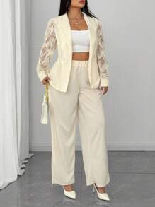 SHEIN Unity Plus Size Fashion Business Mesh Splice Jacket And Pants Suit Graduation,Back To School,Teacher Outfits For Women - Apricot - View 4