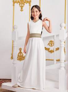 2pcs Girls Traditional Embossed Retro Pattern Long Robe + Dress Set, Style Ramadan Festival Tween Girl Outfit, Classic Modest Long Dress - Black - View 3