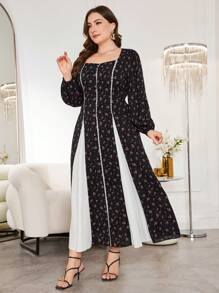 Modelyn Große Größen A-Linie Kleid mit Herzausschnitt, Blümchen Patchwork Farbblockdesign und Bindedetail, elegant & romantisch - Schwarz und Weiss - Übersicht 6