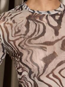 AiiRZ Round Neck Printed Sheer Long Sleeve Fitted Top - Multicolor - View 4