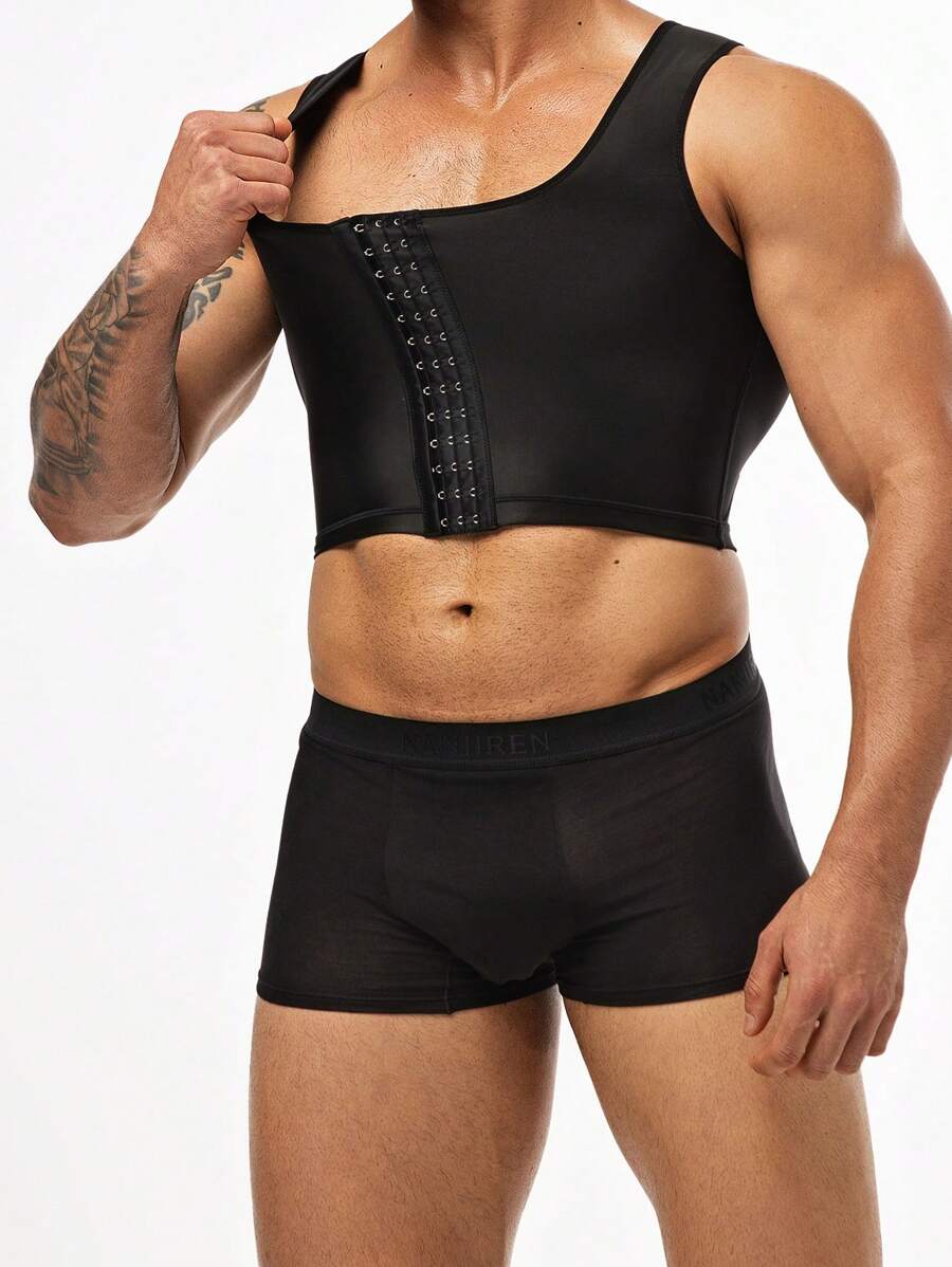 Men's Simple Solid Color Front Button Cropped Shapewear Top