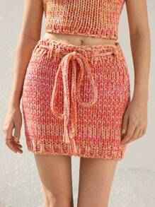 Skyraze Women Simple Front Tie Waist Skirt, Casual Daily Wear,Hand-Crocheted - Orange - View 1